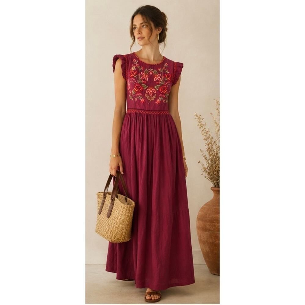 NWT Manoush Robe Embroidered Cotton Maxi Dress Garnet FR38 US6